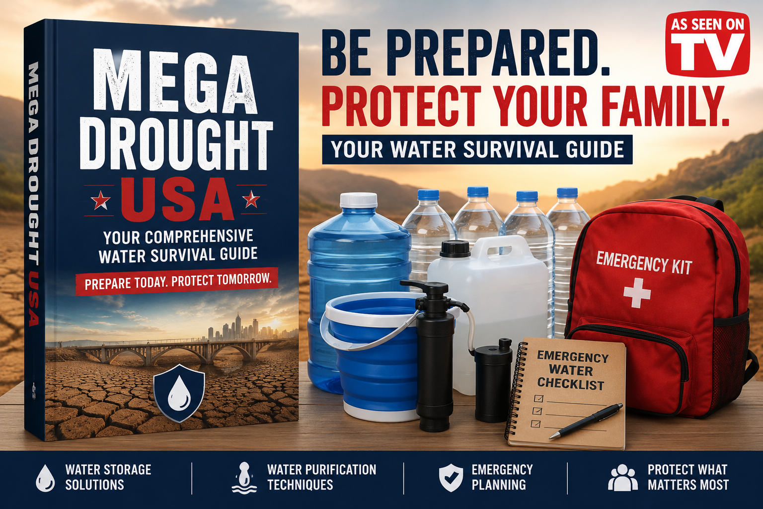 Mega Drought USA emergency water survival guide with water storage containers, emergency backpack, filtration equipment, and preparedness supplies against a drought landscape.