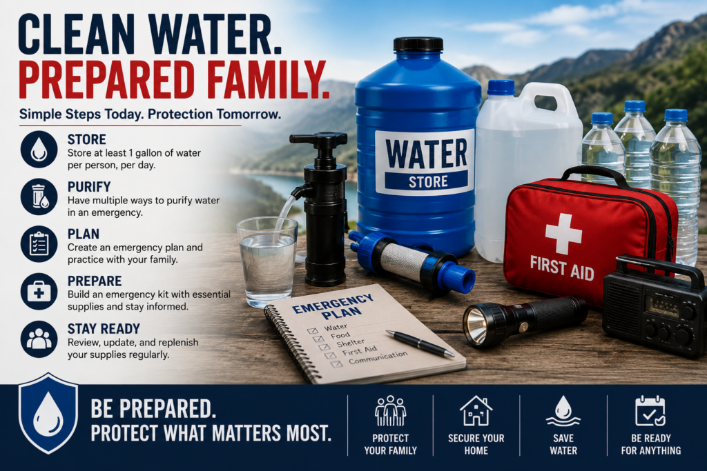 Emergency water preparedness infographic showing water storage containers, water filters, first aid kit, emergency supplies, and a family emergency plan for disaster readiness.