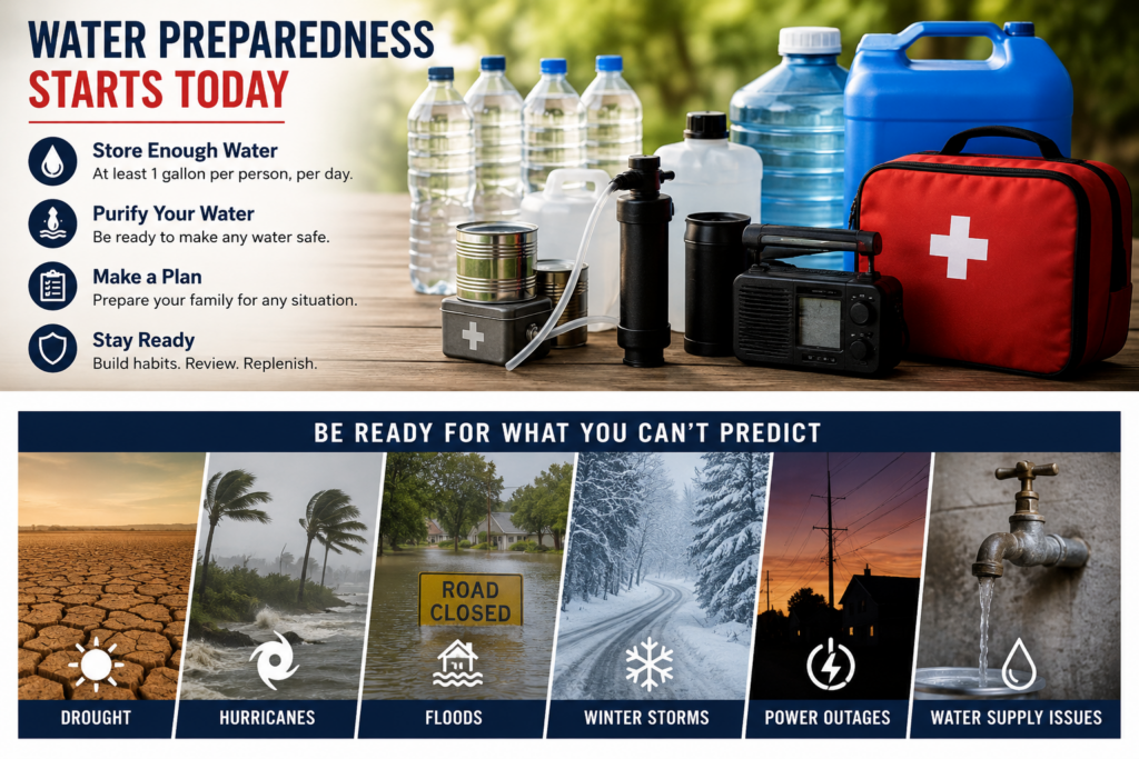 Emergency water preparedness infographic featuring water storage containers, water filtration equipment, bottled water, first aid supplies, and an emergency plan checklist for family disaster readiness.