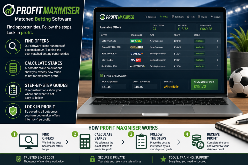 Infographic showing how Profit Maximiser matched betting software works, including bookmaker offer finder, stake calculator, step-by-step guides, and profit tracking dashboard.