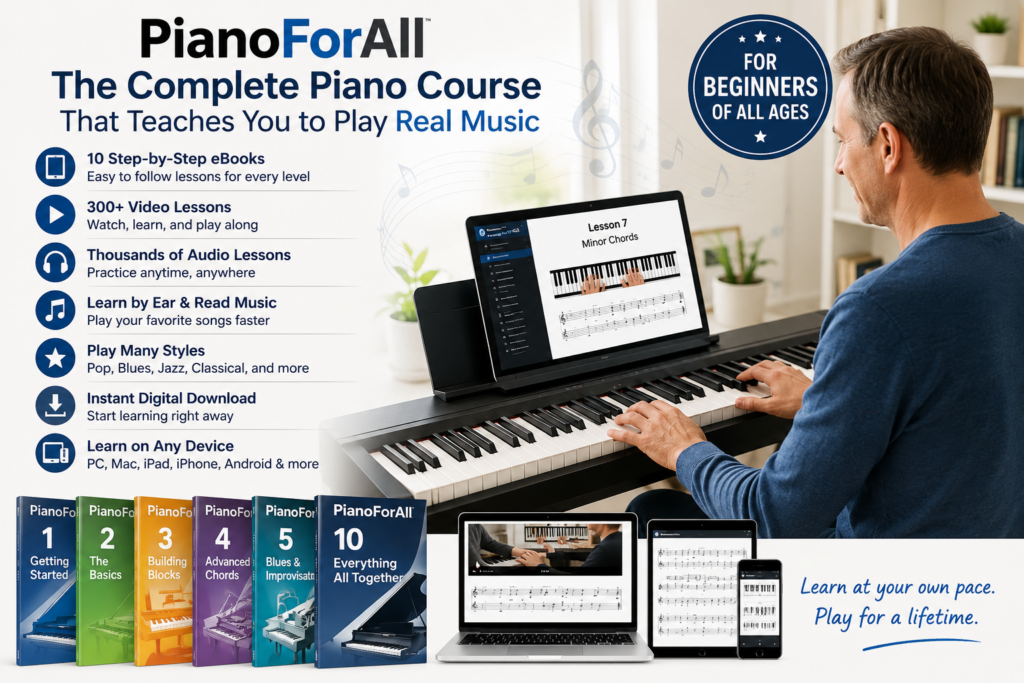 PianoForAll complete online piano course infographic featuring a student learning on a digital keyboard with step-by-step eBooks, video lessons, audio training, and multi-device access.