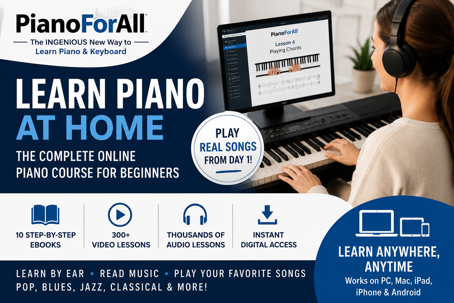 PianoForAll online piano course featured image showing a student learning piano at home on a digital keyboard with interactive video lessons and beginner-friendly music instruction.