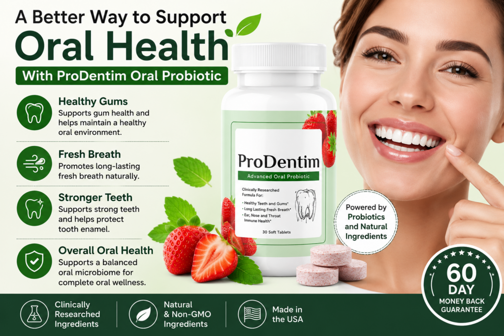 ProDentim oral probiotic benefits infographic featuring the ProDentim bottle, a smiling woman with healthy teeth, strawberries, mint leaves, chewable tablets, and key oral health benefits on a green background.
