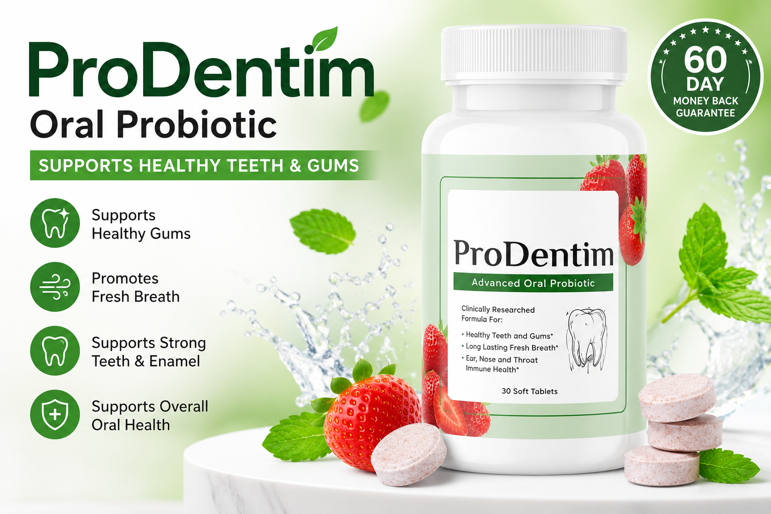 ProDentim Advanced Oral Probiotic supplement bottle with chewable tablets, fresh strawberries, mint leaves, and healthy oral health benefits displayed on a clean green and white background.