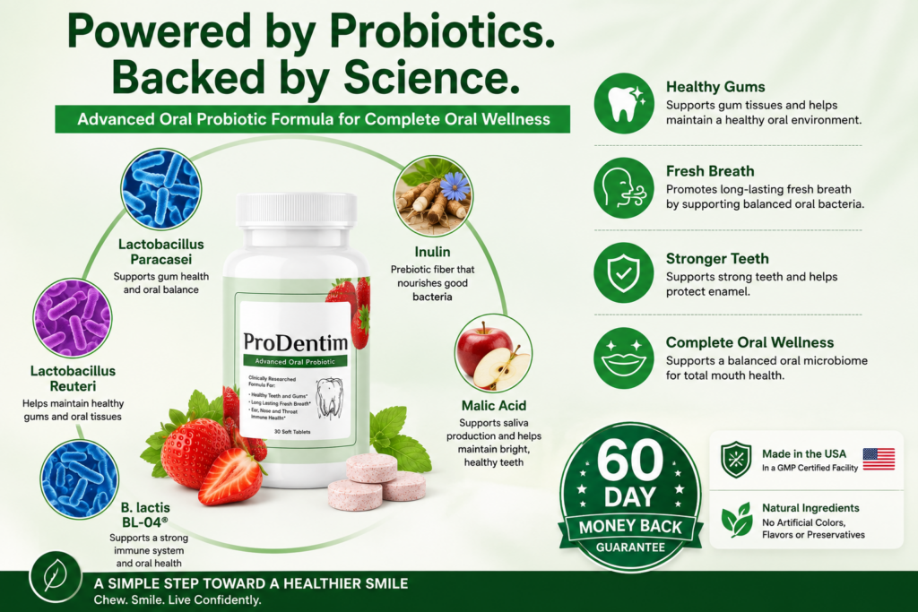 ProDentim oral probiotic infographic featuring the supplement bottle, key probiotic ingredients, oral health benefits, strawberries, mint leaves, chewable tablets, and a 60-day money-back guarantee.