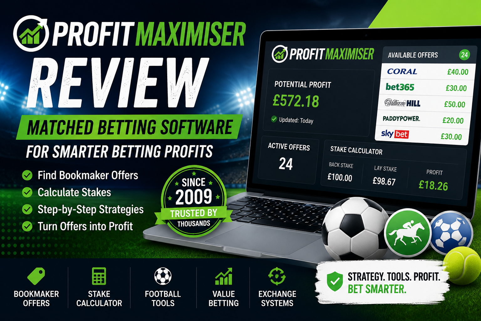 Profit Maximiser matched betting software review featured image showing sports betting tools, bookmaker offers, stake calculator, and football betting strategy dashboard.