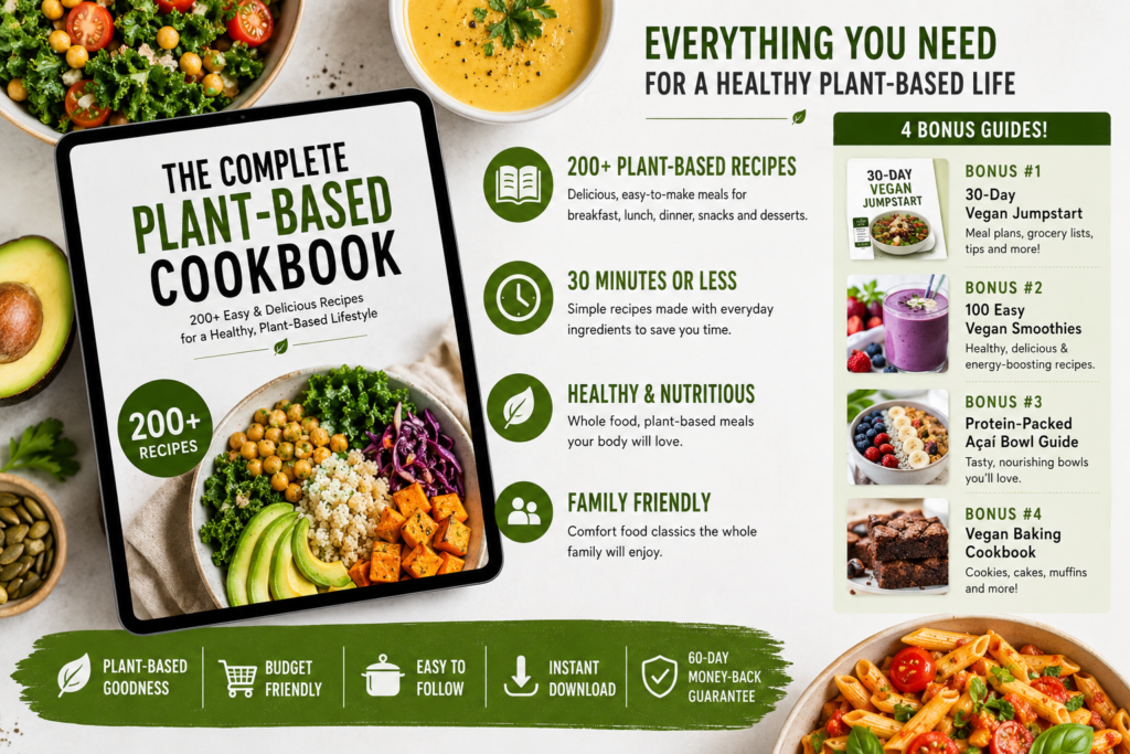 Tablet displaying The Complete Plant-Based Cookbook with healthy vegan meals, bonus recipe guides, and features including 200+ plant-based recipes and 30-minute meals.